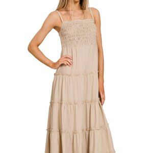 Zenana Boho Smocked Tiered Maxi Dress Sand Beige Small